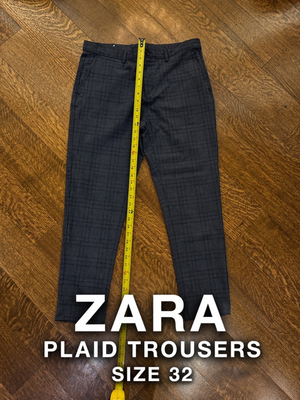 ZARA Slim Fit Plaid Trousers Mens 32 Black Gray Check Modern Dress Pants